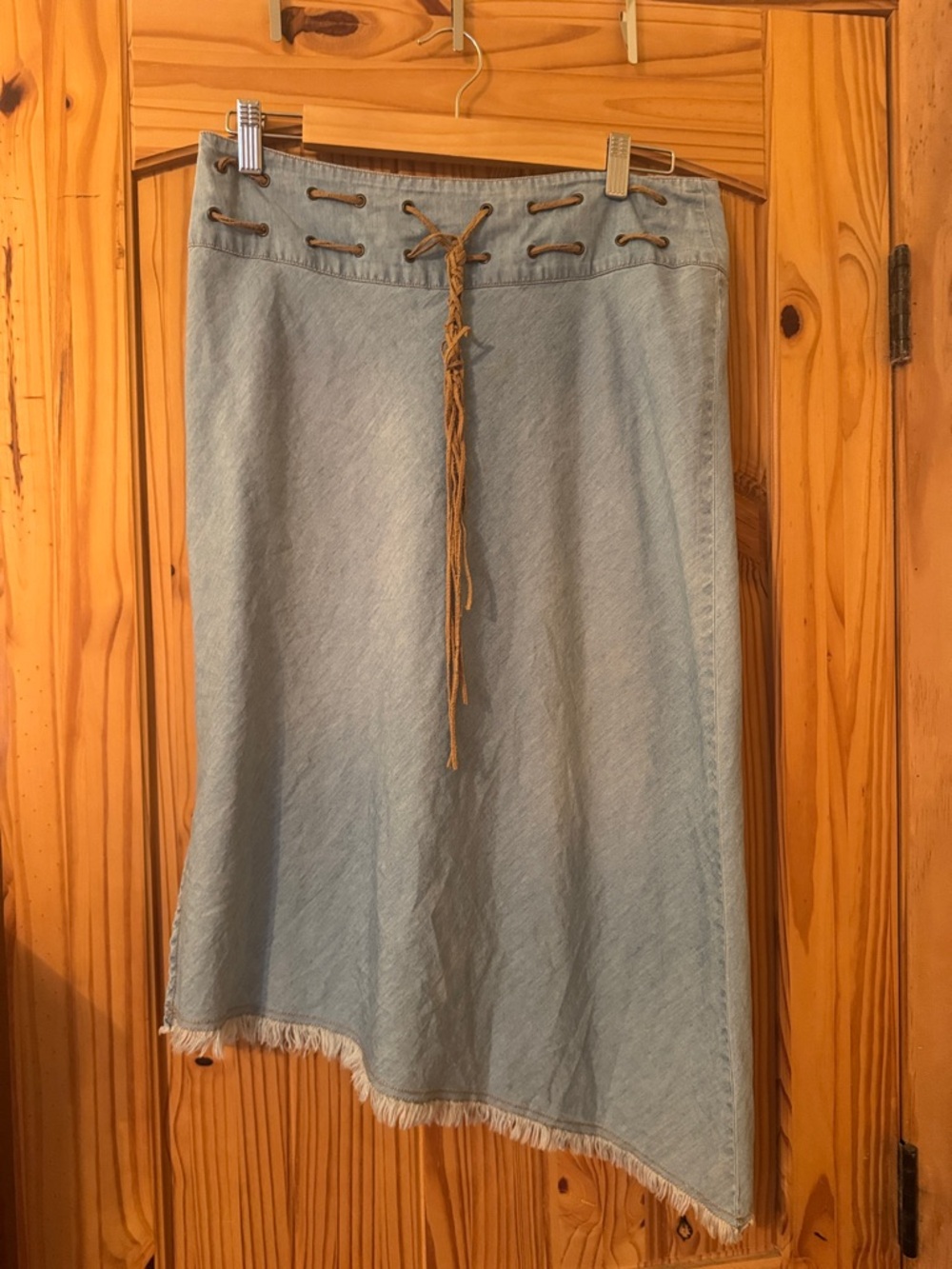 FANG Light Blue Denim Asymmetrical Lace-Up Midi Skirt